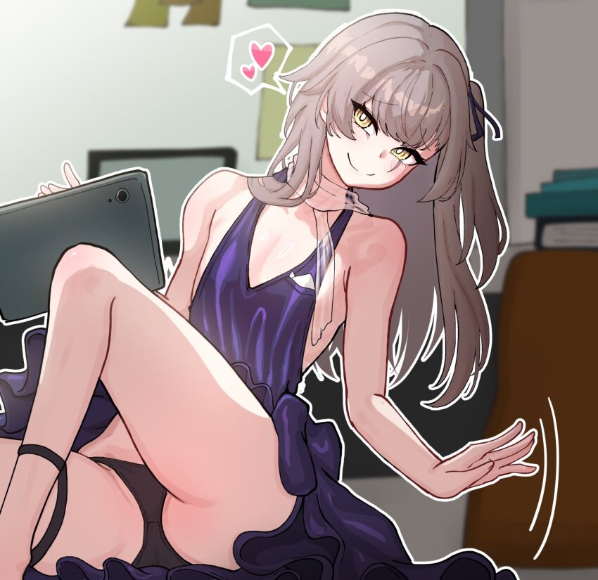 1girl, black_panties, breasts, brown_hair, dress, evening_gown, girls'_frontline, girls'_frontline_2:_exilium, heart, highres, leva_(girls'_frontline_2), long_hair, looking_at_viewer, malsan, official_alternate_costume, one_side_up, panties, pantyshot, purple_dress, scar, scar_across_eye, scar_on_face, scarf, see-through_scarf, sitting, small_breasts, smile, spoken_heart, tablet_pc, ump45_(diamond_flower)_(girls'_frontline), ump45_(girls'_frontline), underwear