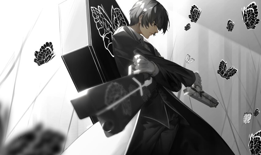 1boy, animal_print, black_butterfly, black_eyes, black_hair, black_suit, bug, butterfly