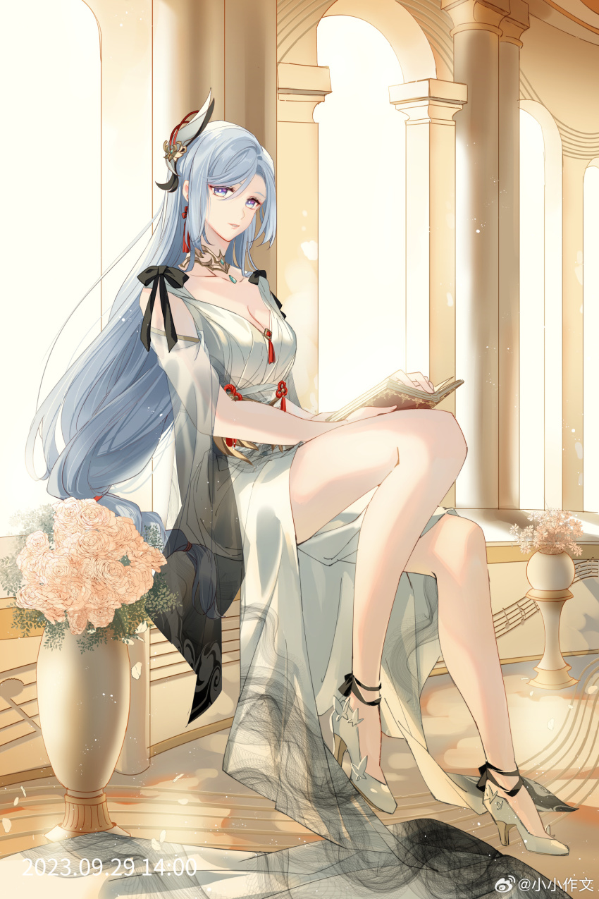 1girl, absurdres, alternate_costume, ankle_ribbon, arch, bare_legs, bare_shoulders, black_ribbon, black_sleeves, blue_eyes, book, braid, breasts, chinese_commentary, chinese_knot, cleavage, clothing_cutout, dated, dress, earrings, feather_hair_ornament, feathers, flower, full_body, genshin_impact, gold_collar, gradient_sleeves, hair_ornament, high_heels, highres, holding, holding_book, jewelry, leg_ribbon, long_dress, long_hair, looking_at_viewer, low-braided_long_hair, low-tied_long_hair, musical_staff, open_book, parted_lips, pillar, pink_flower, pink_rose, ribbon, rose, see-through_clothes, see-through_sleeves, shenhe_(genshin_impact), shoes, shoulder_cutout, side_slit, sideways_glance, sitting, solo, sunlight, swept_bangs, tassel, tassel_earrings, three-quarter_sleeves, train_(clothing), vase, very_long_hair, watermark, weibo_watermark, white_dress, white_hair, white_shoes, wide_sleeves, xiao_xiao_zuowen