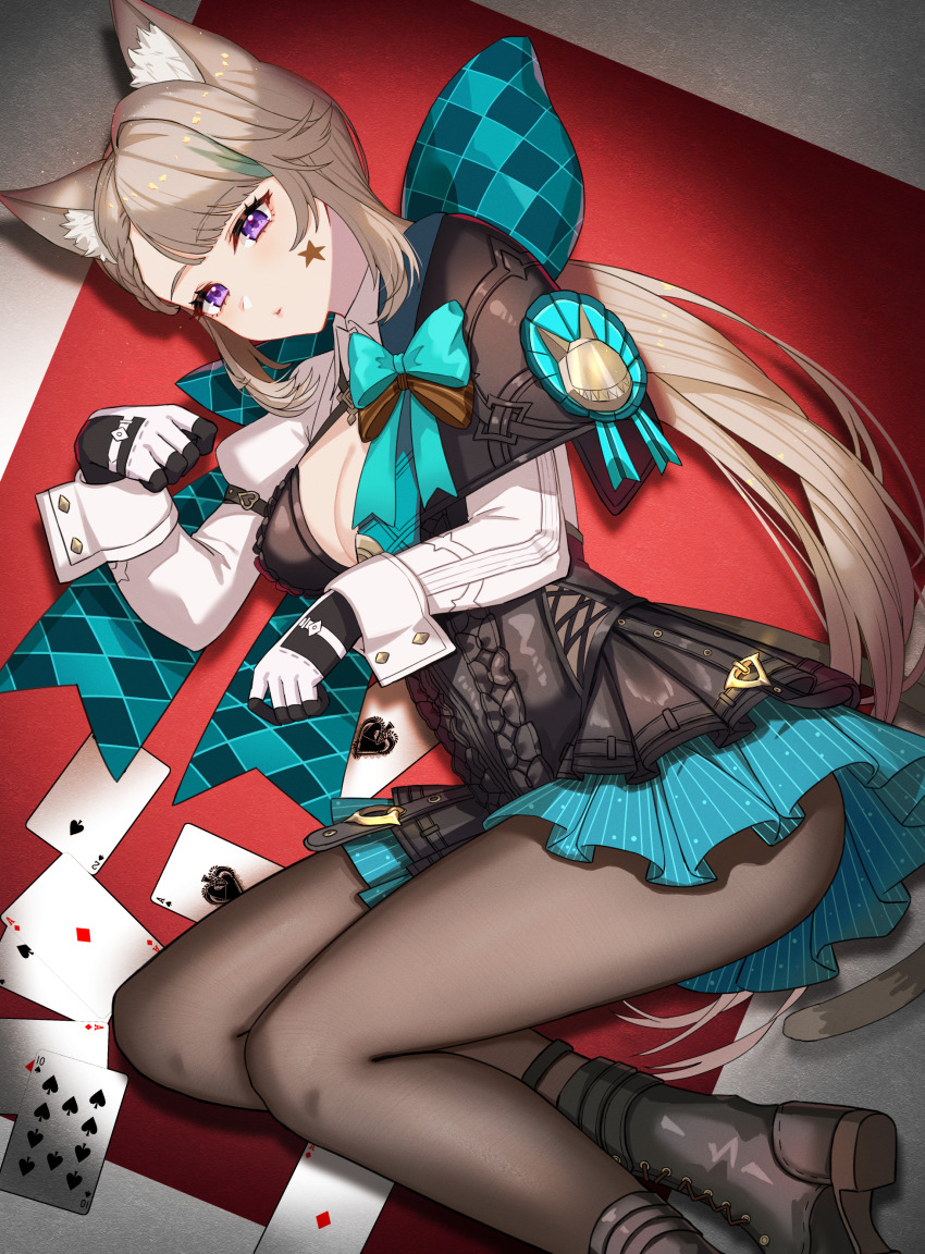 1girl, absurdres, ace_(playing_card), ace_of_diamonds, ace_of_spades, animal_ear_fluff, animal_ears, black_boots