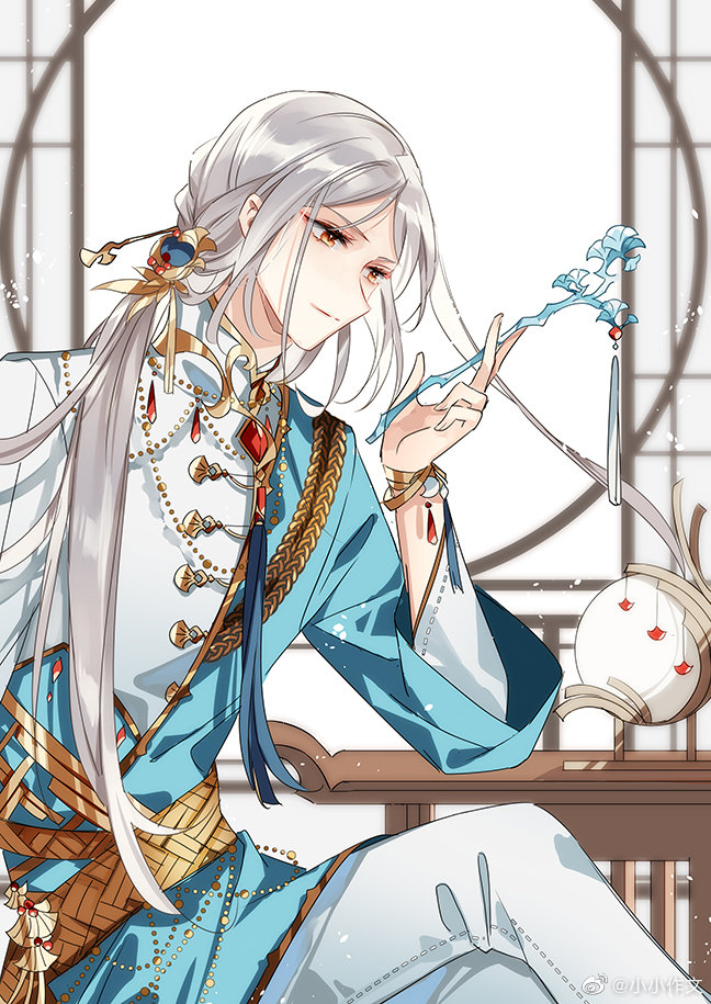 1boy, blue_robe, bracelet, chinese_clothes, chuanyue_xiyuan_3000_hou, closed_mouth, elbow_rest, eyeshadow