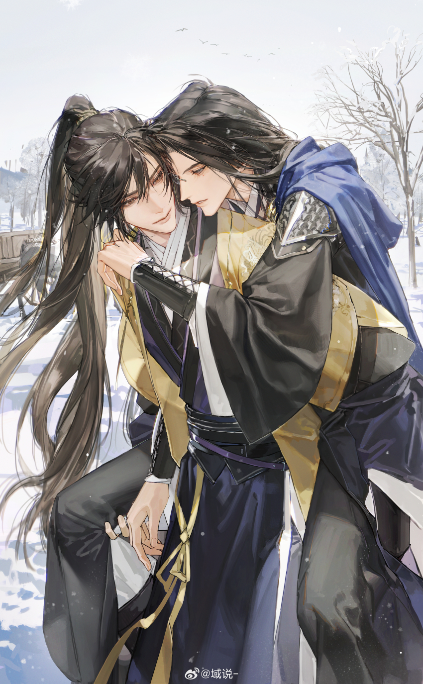 2boys, absurdres, armor, bare_tree, bird, black_hair, black_hanfu, black_pants