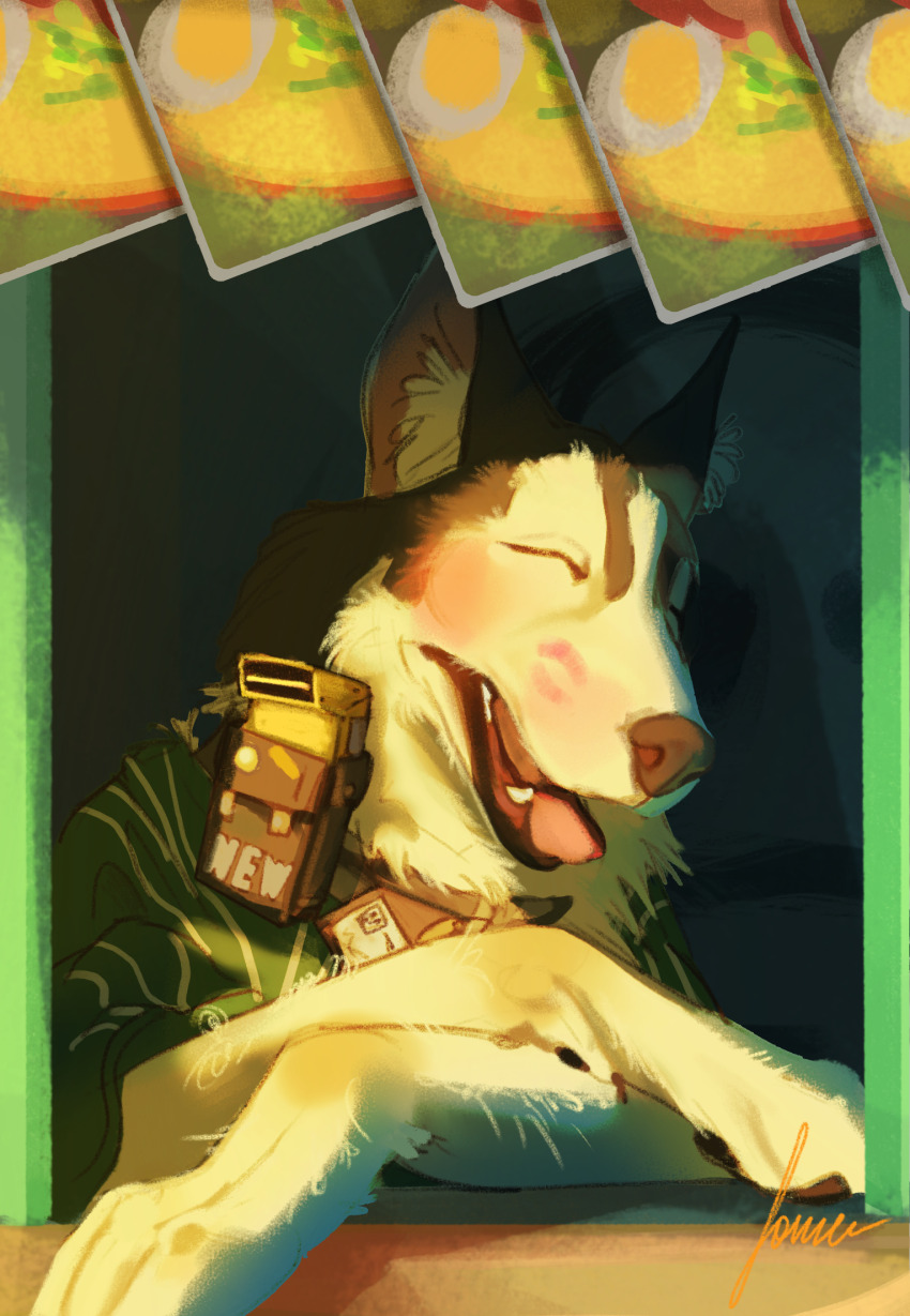 1boy, animal_ear_fluff, animal_ears, black_fur, blush, closed_eyes, commentary, crossed_legs