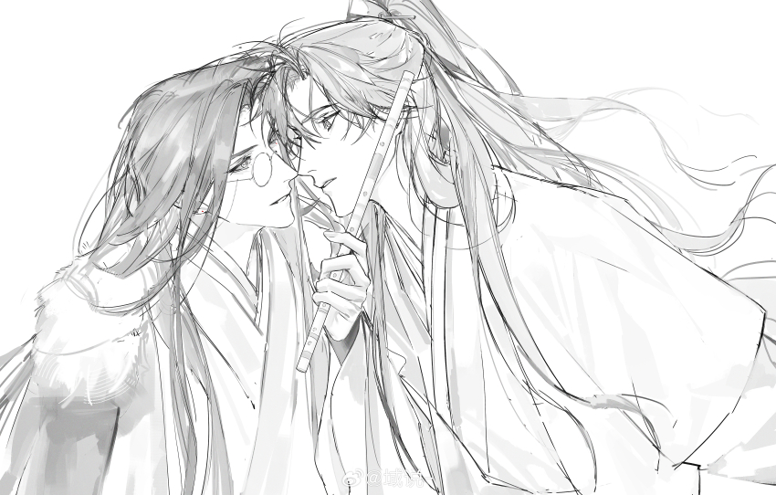 2boys, absurdres, chang_geng, chinese_clothes, chinese_commentary, cloak, eye_contact, flute