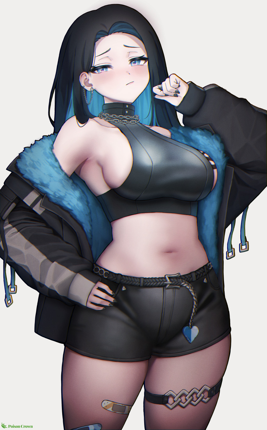 1girl, absurdres, bare_shoulders, belt, black_belt, black_bustier, black_hair, black_jacket