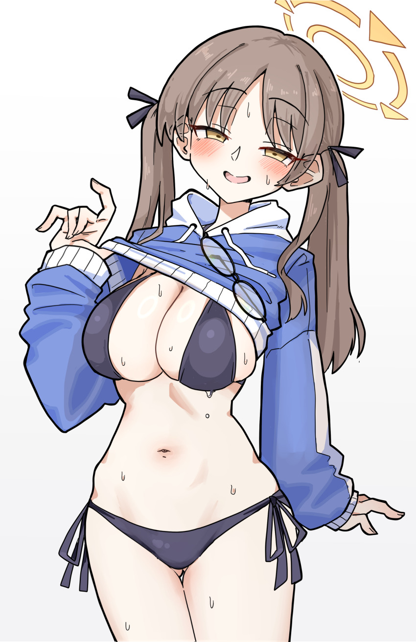 1girl, absurdres, arm_at_side, bikini, bikini_under_clothes, black-framed_eyewear, black_bikini, black_ribbon