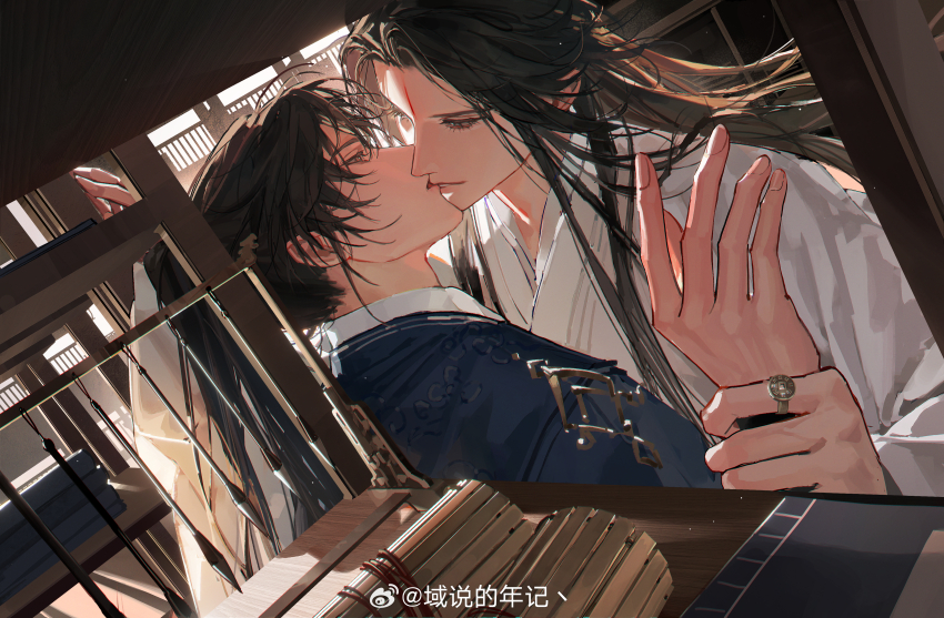 2boys, absurdres, against_wall, bamboo_slips, black_hair, book, book_stack, brown_eyes, cheng_qian, chinese_clothes, chinese_commentary, eye_contact, grey_eyes, hanfu, high_ponytail, highres, holding_another's_wrist, index_ring, indoors, jewelry, kiss, liu_yao, long_hair, long_sleeves, looking_at_another, male_focus, multiple_boys, open_mouth, ponytail, ring, shelf, smile, upper_body, watermark, weibo_watermark, white_hanfu, wide_sleeves, window, yan_zhengming, yaoi, yu_shuo_de_nian_ji_zhu