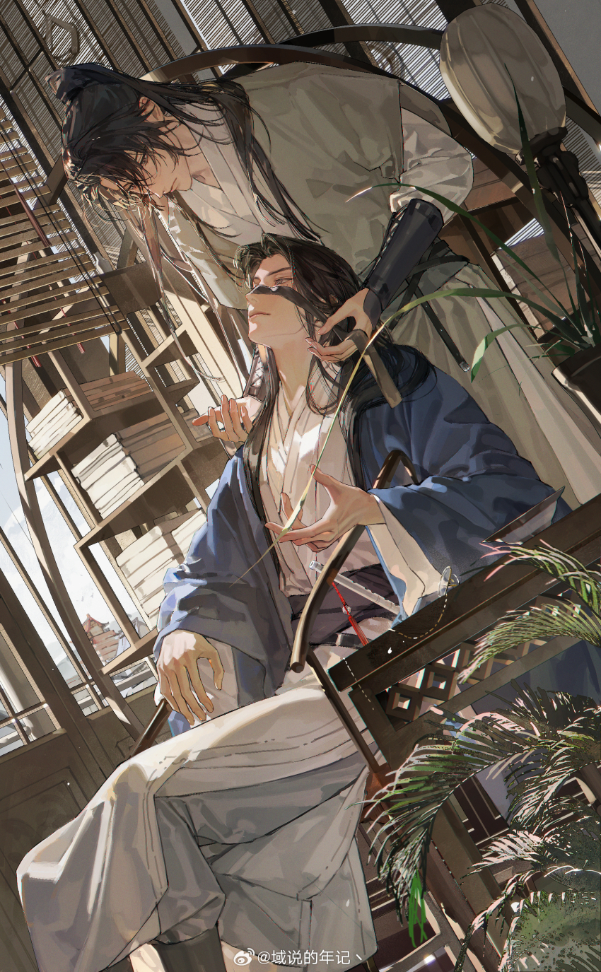 2boys, absurdres, architecture, bent_over, black_hair, black_ribbon, black_sash, blue_robe