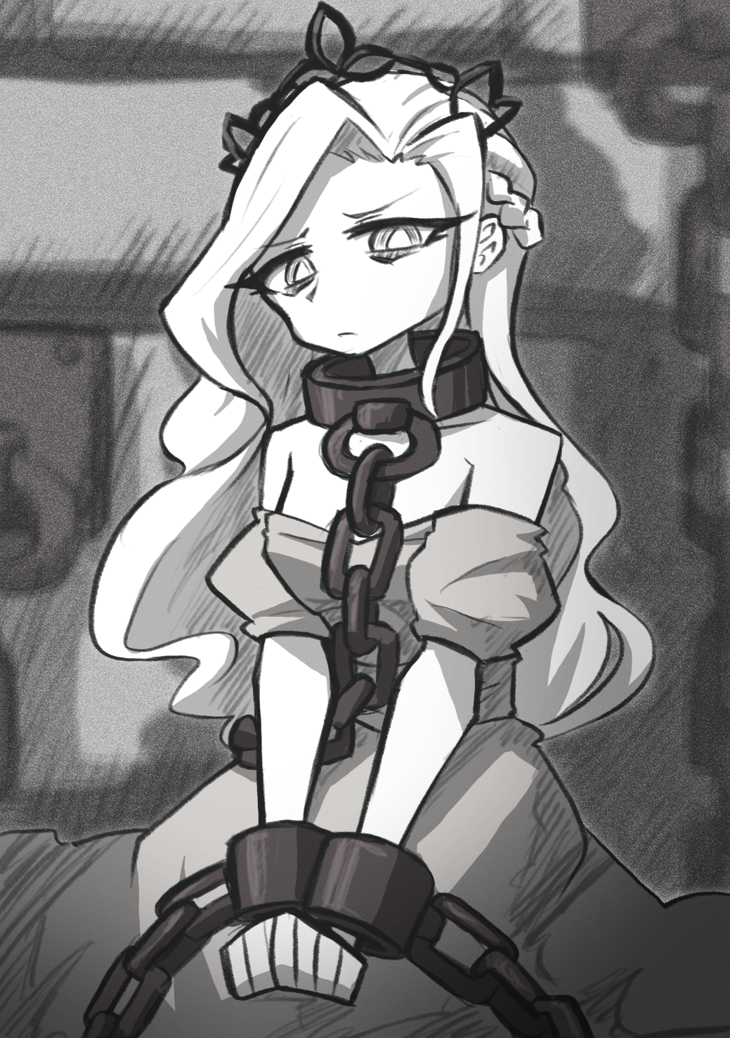 1girl, breasts, brick_wall, chain, chain_leash, chained, collar, cuffs