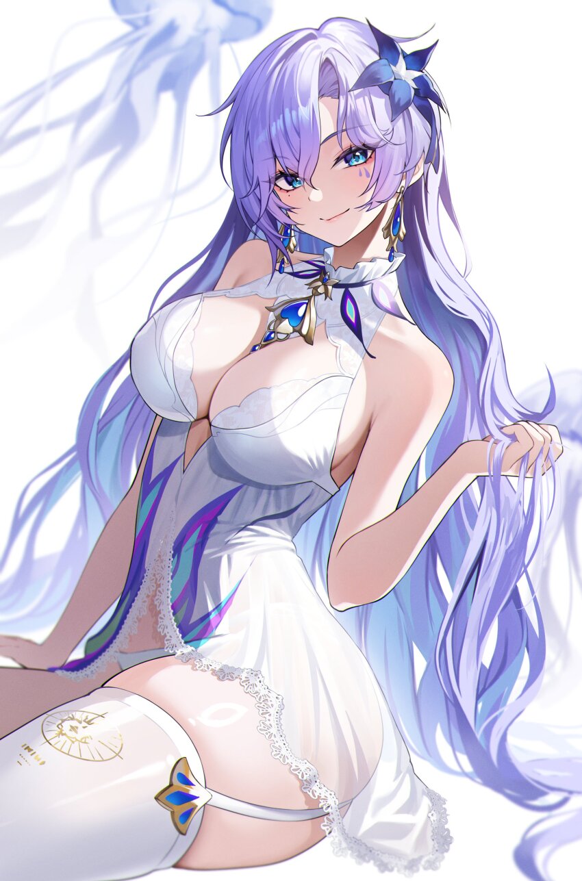 1girl, absurdres, adapted_costume, armpit_crease, ayoni_623, babydoll, bare_shoulders, blue_eyes, blue_flow, breasts, cantarella_(wuthering_waves), closed_mouth, collar, commentary, earrings, facial_mark, flower, hair_between_eyes, hair_flower, hair_ornament, hand_up, hashtag-only_commentary, highres, holding, holding_own_hair, jellyfish, jewelry, large_breasts, long_hair, looking_at_viewer, mark_under_eye, panties, purple_hair, simple_background, single_thighhigh, skindentation, smile, solo, thick_thighs, thighhighs, thighs, underwear, very_long_hair, white_babydoll, white_background, white_collar, white_panties, white_thighhighs, wuthering_waves