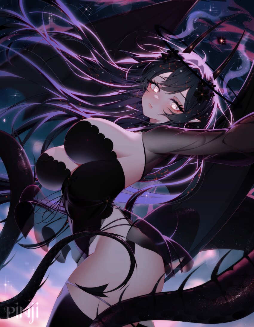 1girl, absurdres, artist_name, black_flower, black_hair, black_horns, black_leotard, black_thighhighs, breasts, closed_mouth, earrings, eyelashes, flower, grey_eyes, hair_flower, hair_ornament, highres, hoop_earrings, horns, jewelry, large_breasts, leotard, long_hair, original, pinji8166, pointy_ears, see-through_shrug, shrug_(clothing), solo, space, sparkling_eyes, tail, thighhighs