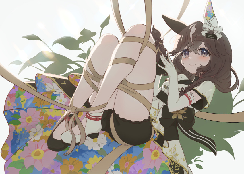 1girl, absurdres, animal_ears, braid, brown_hair, commentary_request, curren_bouquetd'or_(umamusume), dress