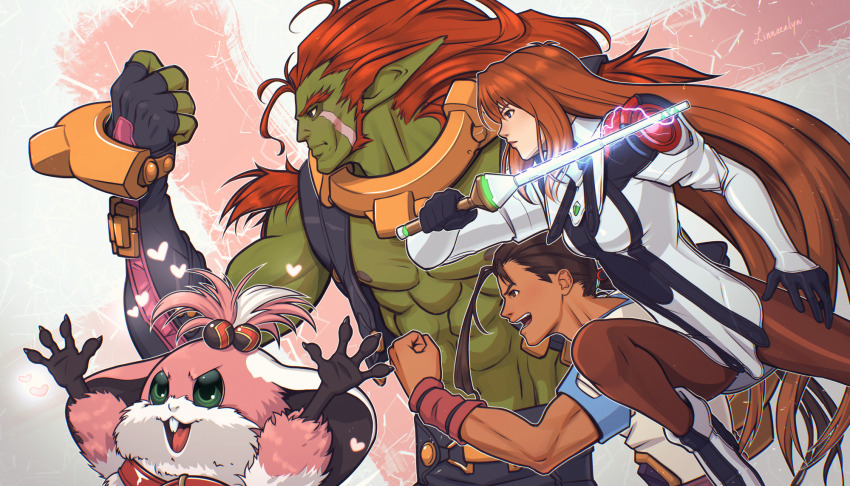 2boys, 2girls, abs, arms_up, artist_name, breasts, brown_hair, brown_pantyhose