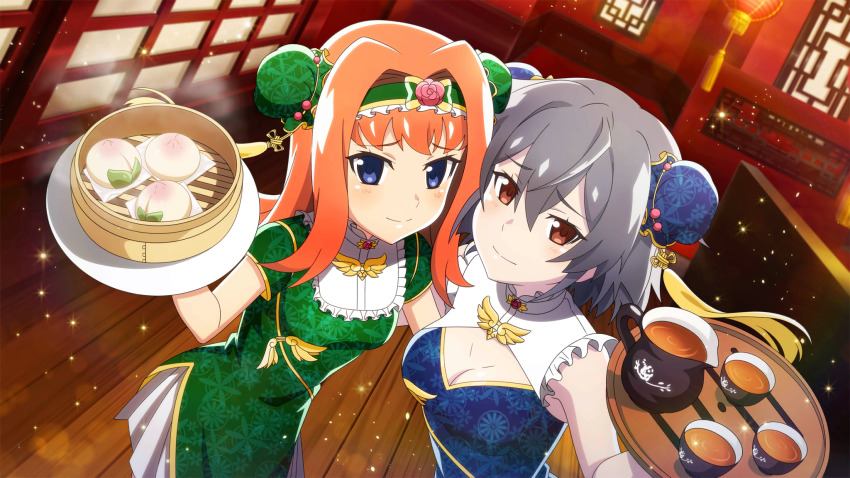 2girls, blue_dress, blue_eyes, blush, breast_cutouts, breasts, brown_eyes, bun_cover