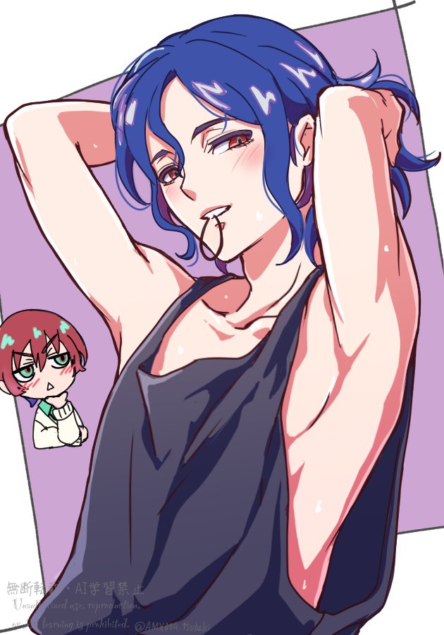 1boy, 1girl, amate_yuzuriha, aqua_eyes, blue_hair, blush, border, chibi