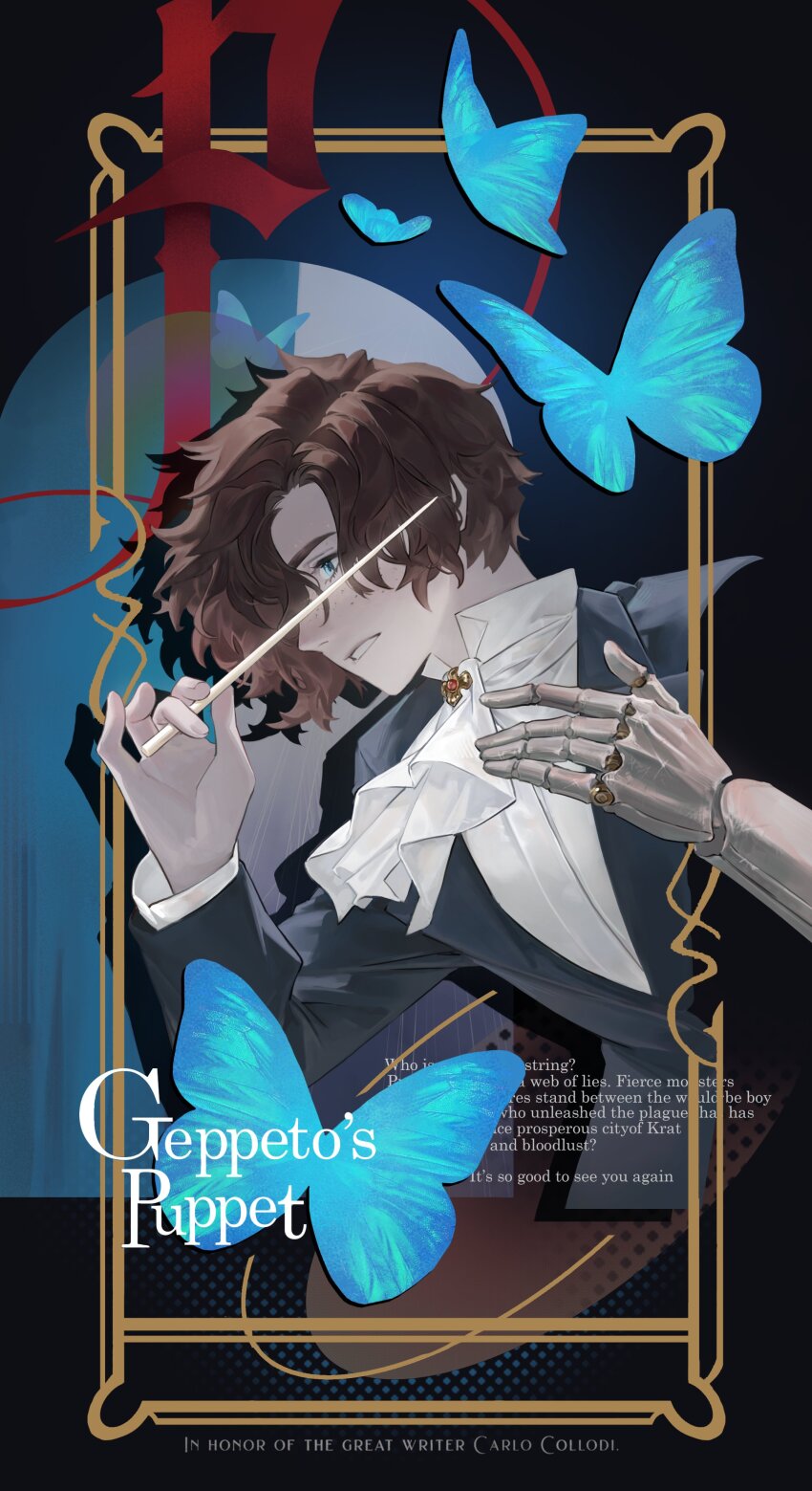 1boy, absurdres, ascot, blue_butterfly, blue_hair, blue_suit, border, brown_hair