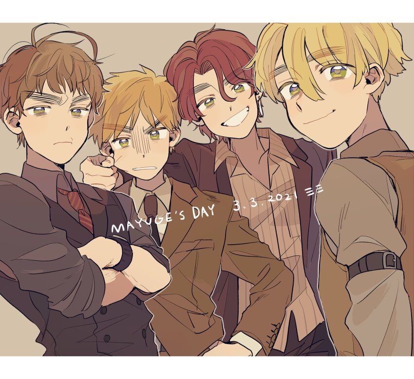 4boys, axis_powers_hetalia, black_vest, blonde_hair, border, brown_hair, brown_jacket, brown_necktie