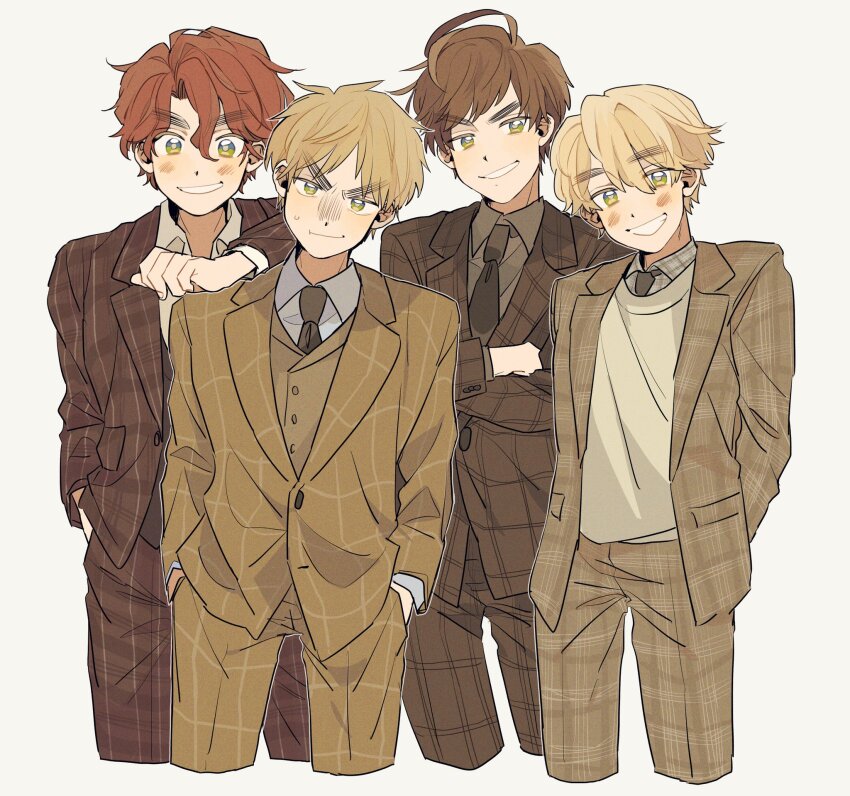 4boys, arms_behind_back, axis_powers_hetalia, black_necktie, blonde_hair, brown_hair, brown_jacket, brown_pants