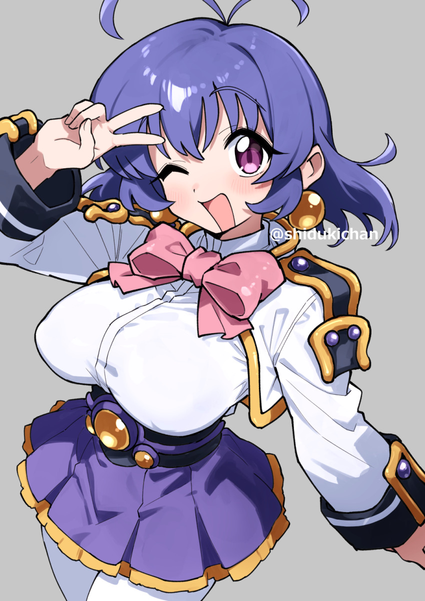 1girl, ;d, akihabara_dennou_gumi, antenna_hair, bow, bowtie, breasts, collared_shirt