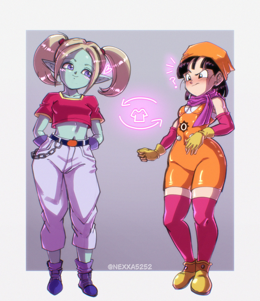 2girls, belt, black_eyes, black_hair, blue_eyes, blush, bodysuit, breasts, chain, cosplay, costume_switch, cropped_shirt, dragon_ball, dragon_ball_daima, dragon_ball_gt, full_body, highres, kyojiri_loli, loli, multiple_girls, nexx_art, nexxa, pan_(dragon_ball), pan_(dragon_ball)_(cosplay), pansy_(dragon_ball_daima), pansy_(dragon_ball_daima)_(cosplay), pants, pointy_ears, red_shirt, shirt, small_breasts, smile, standing, thighhighs, twintails