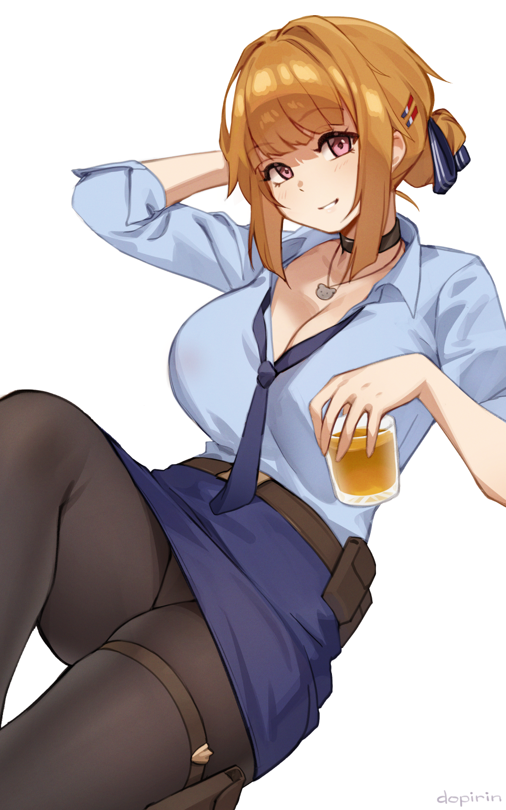 1girl, alcohol, arm_up, artist_name, bear_necklace, black_choker, black_pantyhose, blue_necktie, blue_shirt, blue_skirt, breasts, brown_hair, choker, cleavage, commentary, cup, dopirin, drinking_glass, girls'_frontline, grizzly_mkv_(elite_on_patrol)_(girls'_frontline), grizzly_mkv_(girls'_frontline), hair_bun, hair_intakes, hair_ornament, highres, holding, holding_cup, holster, jewelry, large_breasts, looking_at_viewer, necklace, necktie, official_alternate_costume, paid_reward_available, pantyhose, pencil_skirt, police, police_uniform, policewoman, red_eyes, shirt, simple_background, single_hair_bun, skindentation, skirt, sleeves_rolled_up, smile, solo, thigh_holster, white_background, wine_glass