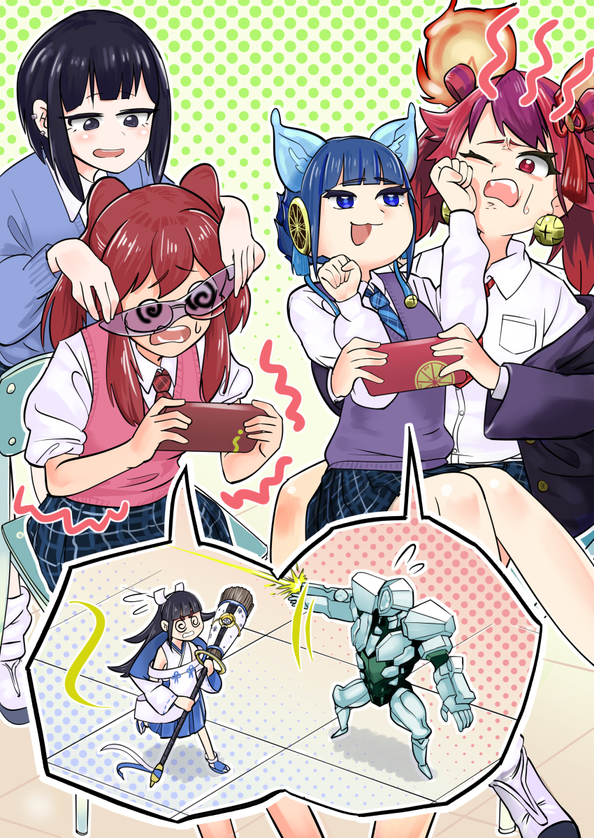 1boy, 5girls, @_@, absurdres, alternate_costume, animal_ears, black_eyes, black_hair, blue_hair, cat_ears, chair, duel_monster, evil_twin_ki-sikil, evil_twin_lil-la, ha-re_the_sword_mikanko, highres, holding, holding_phone, ki-sikil_(yu-gi-oh!), lil-la_(yu-gi-oh!), mouse_ears, multiple_girls, ni-ni_the_mirror_mikanko, on_chair, paw_pose, phone, playing_games, playing_video_games, red_hair, sawan_cutman, shinonome_the_vaylantz_priestess, sitting, sitting_on_lap, sitting_on_person, vaylantz_buster_baron, yu-gi-oh!