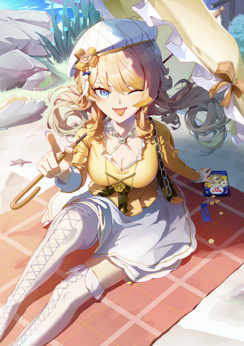 1girl, absurdres, alternate_costume, beret, blonde_hair, blue_eyes, boots, bow, breasts, candy, cleavage, commentary, day, drill_hair, food, food_in_mouth, genshin_impact, hat, highres, holding, holding_umbrella, jelmul, large_breasts, long_hair, long_sleeves, looking_at_viewer, navia_(bacchus_taste_jelly)_(genshin_impact), navia_(genshin_impact), one_eye_closed, outdoors, pointing, pointing_at_viewer, rock, shirt, sitting, skirt, solo, starfish, thigh_boots, tongue, tongue_out, twin_drills, twitter_username, umbrella, umbrella_bow, white_boots, white_hat, white_skirt, yellow_bow, yellow_shirt