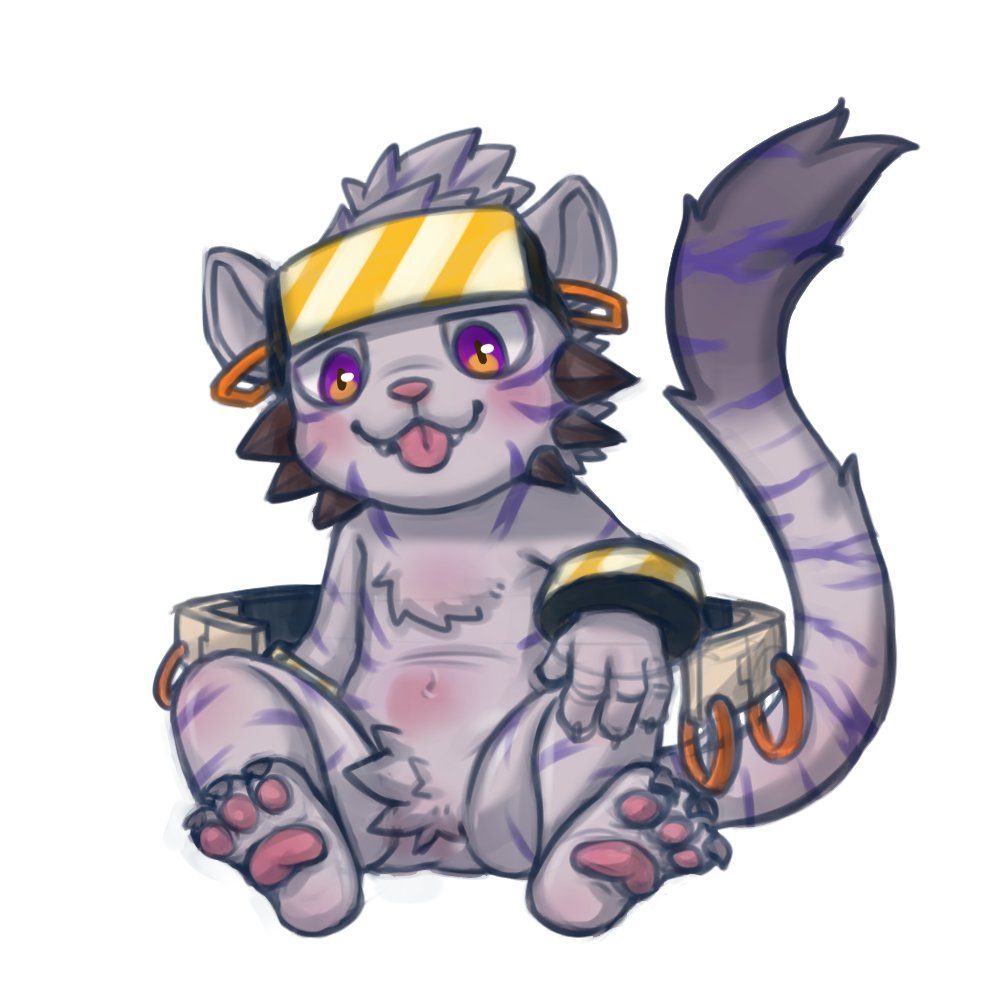 1boy, animal_ears, blush, cat_boy, cat_ears, animal_nose, claws, commentary, english_commentary, fangs, forehead_protector, furry, furry_male, hakui_(xxl), looking_at_viewer, pawpads, raugh135, sitting, smile, striped_fur, tongue, tongue_out, white_background, white_fur, xxl_woofia