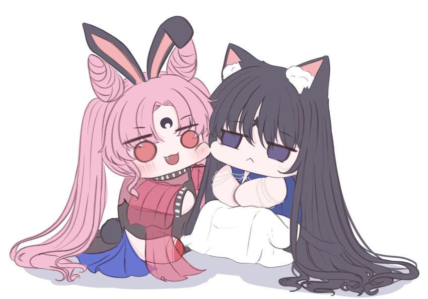 animal_ears, bishoujo_senshi_sailor_moon, black_dress, black_hair, black_lady_(sailor_moon), cat_ears, chibi, chibi_only, chibi_usa, cone_hair_bun, crescent, crescent_facial_mark, crystal_earrings, double_bun, dress, earrings, facial_mark, forehead_mark, hair_bun, highres, jewelry, long_hair, looking_at_viewer, mistress_9, pink_hair, purple_eyes, purple_shirt, rabbit_ears, red_eyes, see-through_clothes, shirt, skirt, star_(symbol), star_facial_mark, tomoe_hotaru, twintails, very_long_hair, wbr_komet, white_skirt