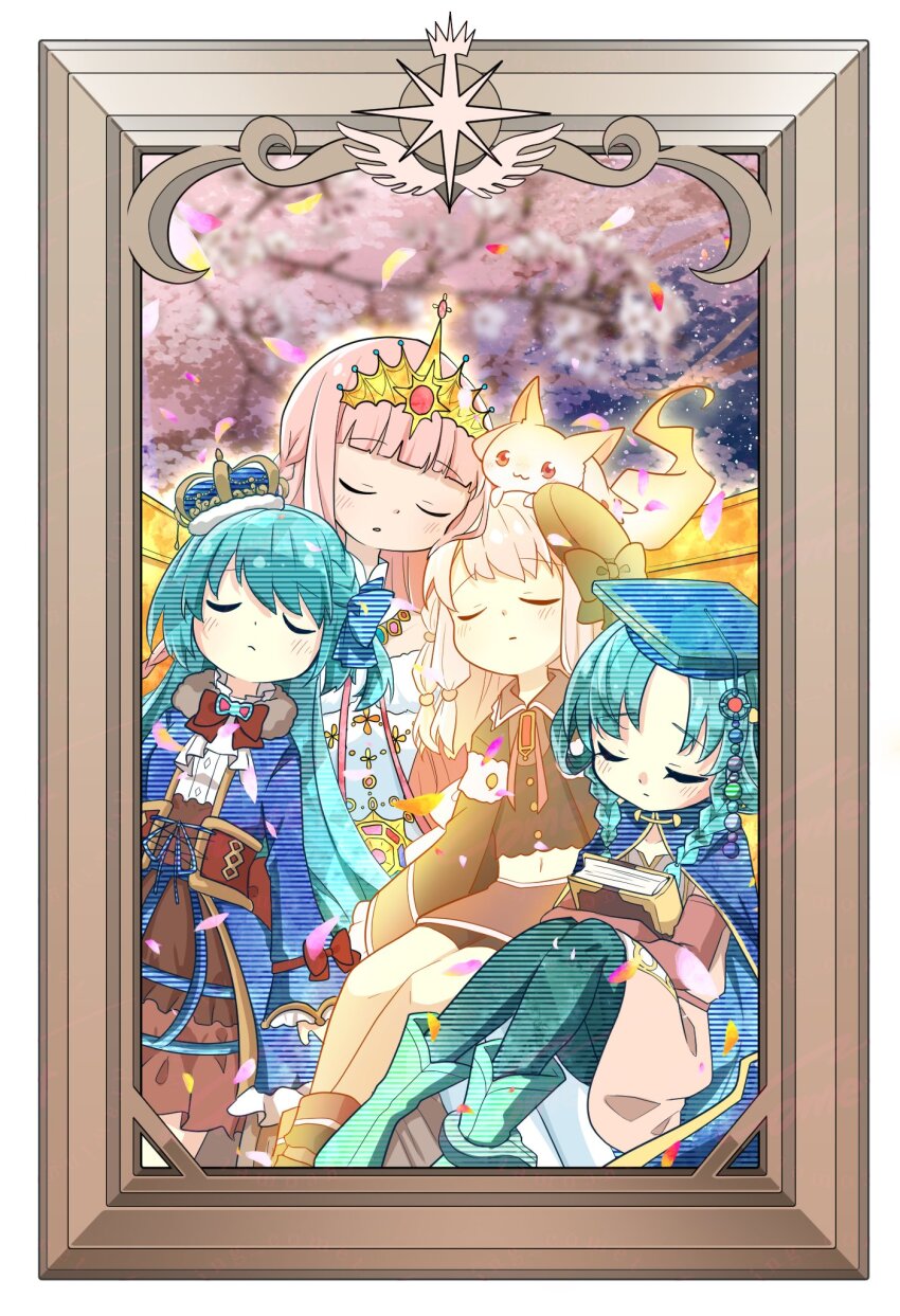 4girls, aqua_hair, book, braid, closed_eyes, closed_mouth, goth_fashion, gothic_lolita