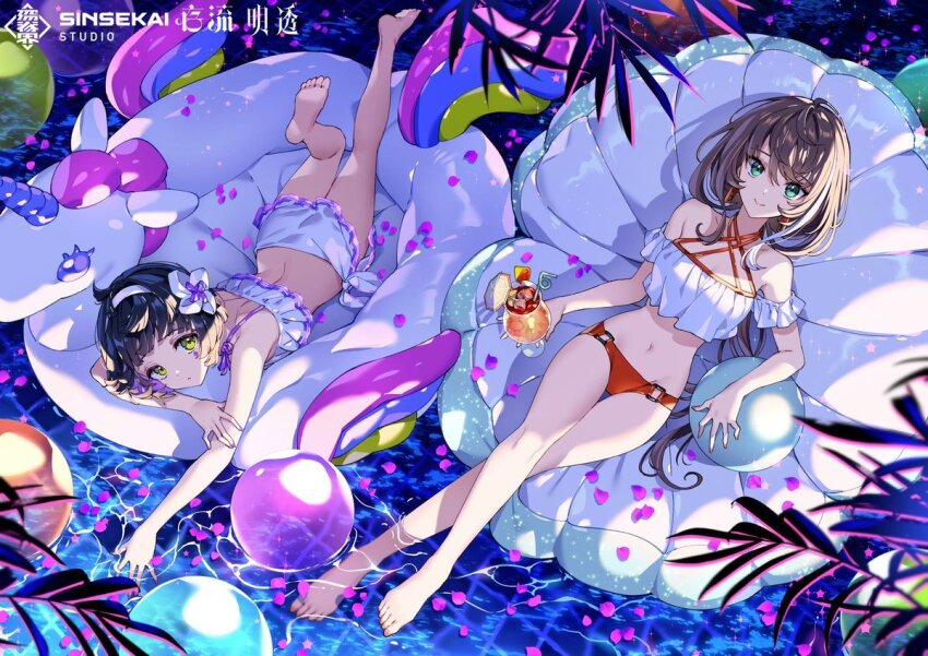 2girls, aqua_eyes, aru_(sinsekai), asu_(sinsekai), ball, bikini, bob_cut, brown_hair