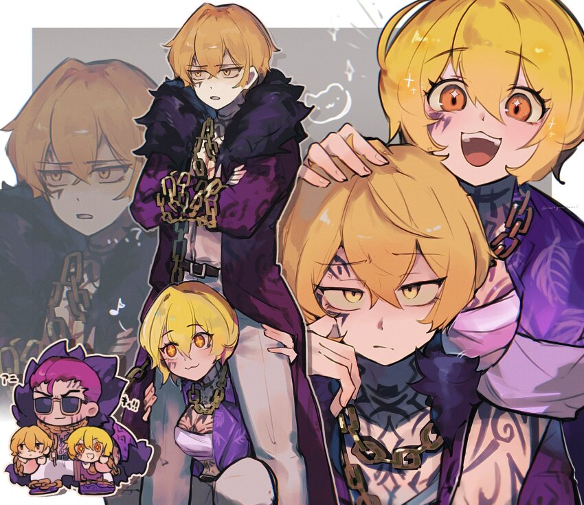 1girl, 2boys, belt, blonde_hair, chain, chest_tattoo, chibi, coat, cowboy_shot, crossed_arms, don_quixote_(project_moon), fur_collar, fur_trim, highres, jewelry, limbus_company, multiple_boys, musical_note, official_alternate_costume, open_mouth, oshikyomokawaii, project_moon, red_hair, ricardo_(project_moon), short_hair, sigh, sinclair_(project_moon), smile, sparkle, sparkling_eyes, spoken_musical_note, sunglasses, tattoo, upper_body, yellow_eyes