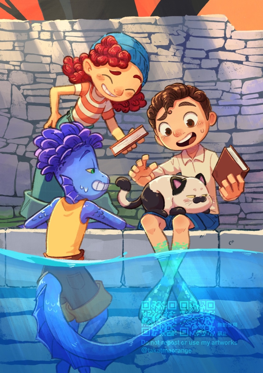 1girl, 2boys, alberto_scorfano, beanie, blue_skin, brown_eyes, brown_hair, cat