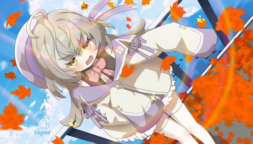 1girl, absurdres, ahoge, annoyed, artist_logo, artist_name, assault_lily, autumn_leaves