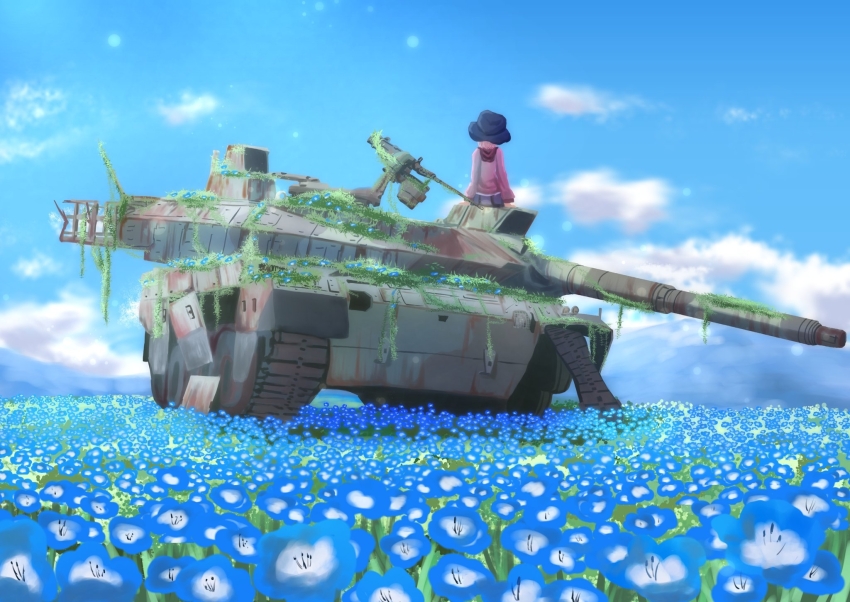 1girl, blue_flower, blue_sky, caterpillar_tracks, cloud, commentary_request, day, facing_away, field, flower, flower_field, hat, highres, hood, hood_down, hooded_jacket, jacket, military_vehicle, motor_vehicle, on_tank, original, overgrown, pink_hair, pink_jacket, plant, rascal-teitoku, sitting, skirt, sky, solo, tank, type_10_(tank), vehicle_focus, vines