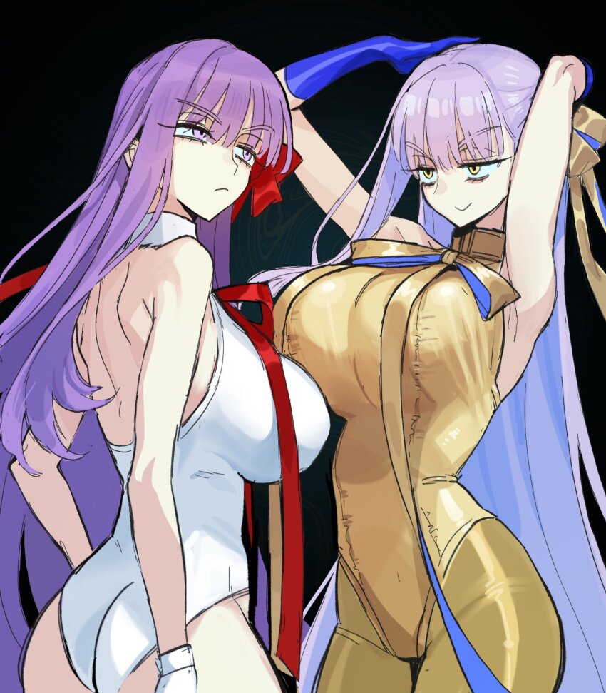 2girls, armpits, arms_behind_head, arms_up, ass, back, bare_shoulders, bb_(fate)