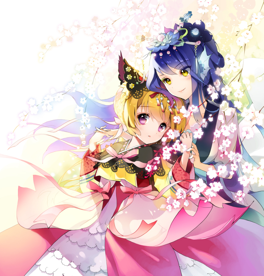 2girls, animal_ears, bad_id, bad_pixiv_id, blonde_hair, blush, bow, cheonhae_gongju, cherry_blossoms, cherrypin, colorful, cover, cover_page, dress, eyeshadow, hanbok, holding_hands, interlocked_fingers, japanese_clothes, kimono, kkoli_leul_chaj-ajwo!, korean_clothes, lips, long_hair, makeup, multiple_girls, original, park_wolhwa, purple_eyes, purple_hair, ribbon, smile, yellow_eyes