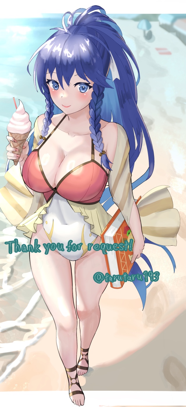 1girl, artist_name, beach, blue_hair, blurry, blurry_background, blush, book