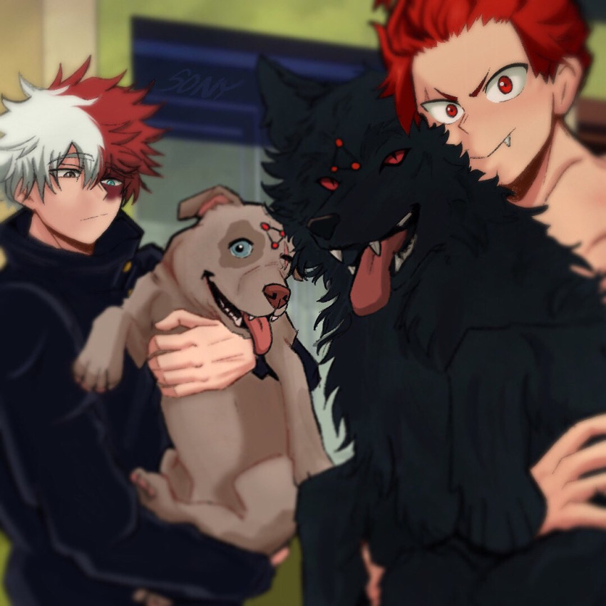 2boys, alternate_costume, alternate_hairstyle, blue_eyes, boku_no_hero_academia, carrying_animal, cosplay, dog