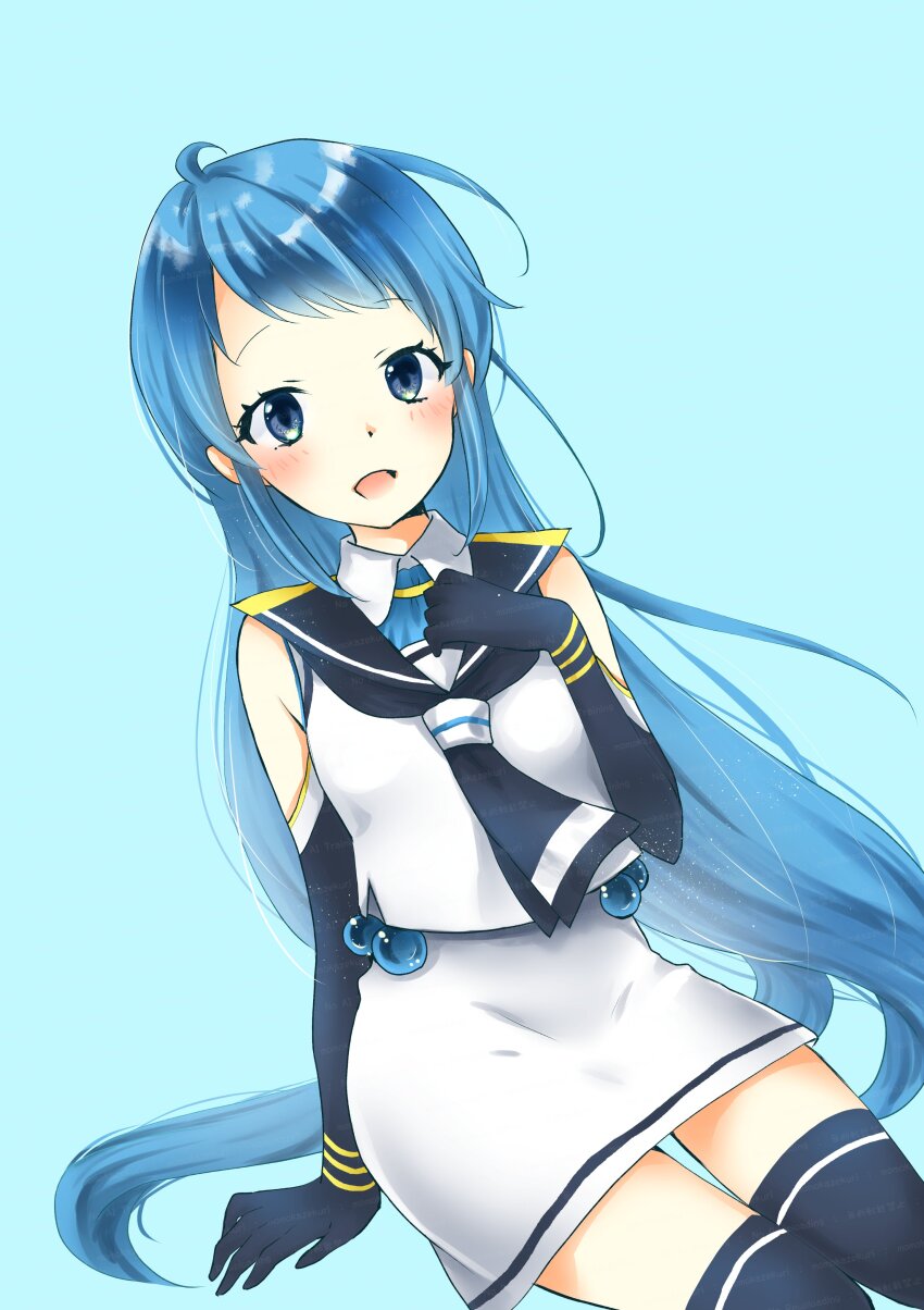 1girl, absurdres, aqua_background, black_gloves, black_neckerchief, black_sailor_collar, black_thighhighs, blue_eyes