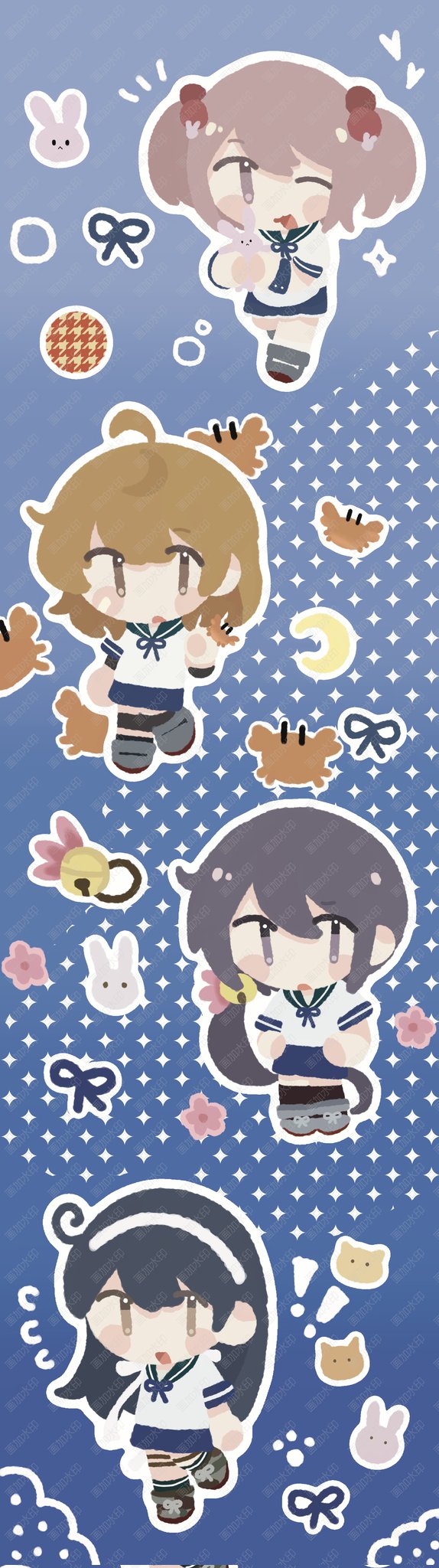 ahoge, akebono_(kancolle), andrea_(andreadoria0330), apron, bandaid, bandaid_on_face, bell, black_hair, blue_background, blue_sailor_collar, blue_skirt, blush_stickers, brown_hair, chibi, commentary, commission, crab, english_commentary, flower, full_body, grey_hair, hair_bell, hair_bobbles, hair_flower, hair_ornament, hairband, highres, houndstooth, jingle_bell, kantai_collection, long_hair, oboro_(kancolle), oboro_kai_(kancolle), pink_hair, rabbit, sailor_collar, sample_watermark, sazanami_(kancolle), sazanami_kai_(kancolle), school_uniform, serafuku, shirt, short_hair, side_ponytail, skirt, twintails, ushio_(kancolle), ushio_kai_ni_(kancolle), watermark, white_apron, white_hairband, white_shirt