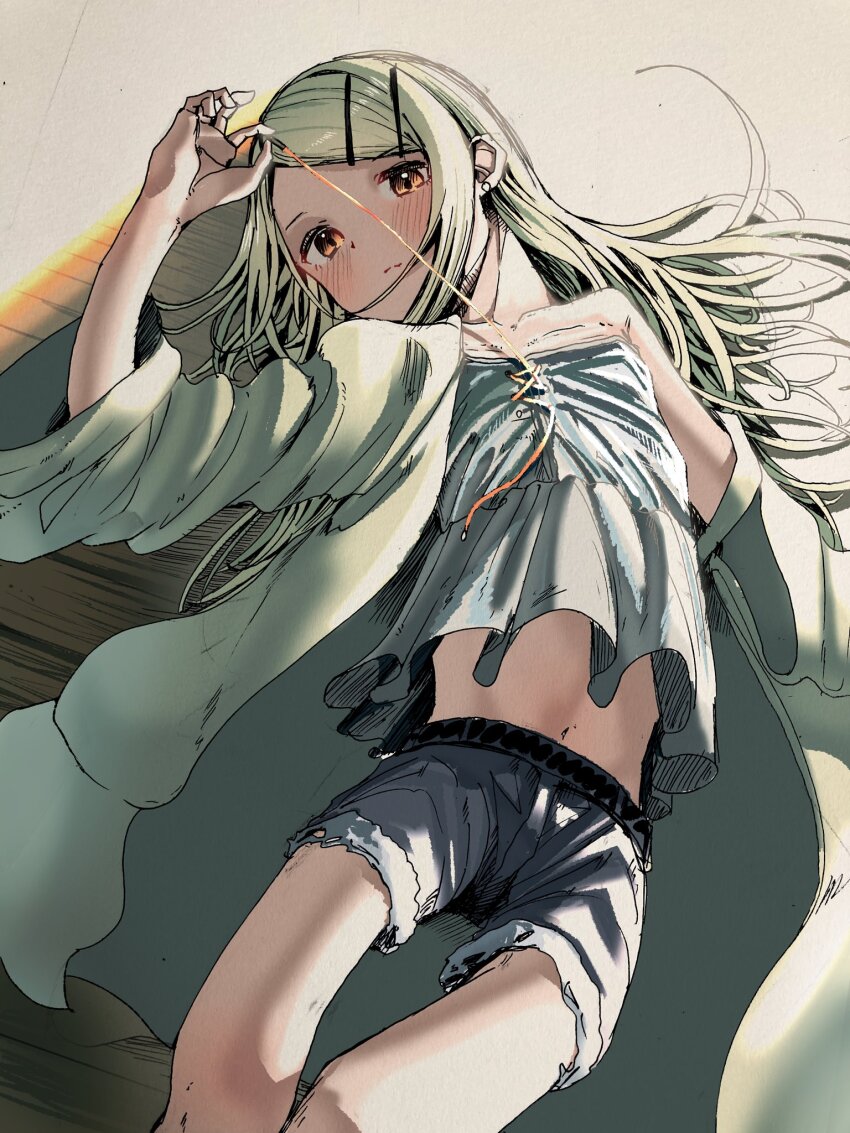 1girl, blush, camisole, earrings, emaciated, expressionless, gakuen_idolmaster, hair_ornament, hairclip, highres, idolmaster, jewelry, long_hair, midriff_peek, niwatoko_towani, on_floor, orange_eyes, pulling_own_clothes, shinosawa_hiro, shorts, skinny_legs