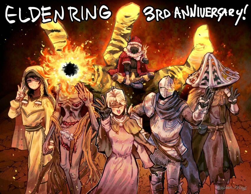 2girls, 4boys, :d, anniversary, armor, artist_name, black_gloves, black_outline