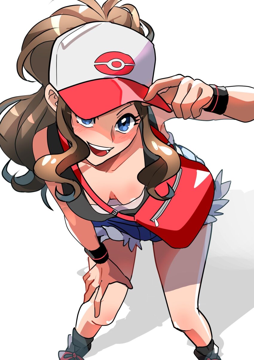 1girl, akisame_kanon, baseball_cap, blue_eyes, blush, breasts, brown_hair, cleavage