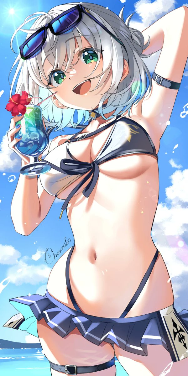 armpits, bare_shoulders, bikini, bikini_skirt, black_bikini, blue_skirt, breasts, cleavage