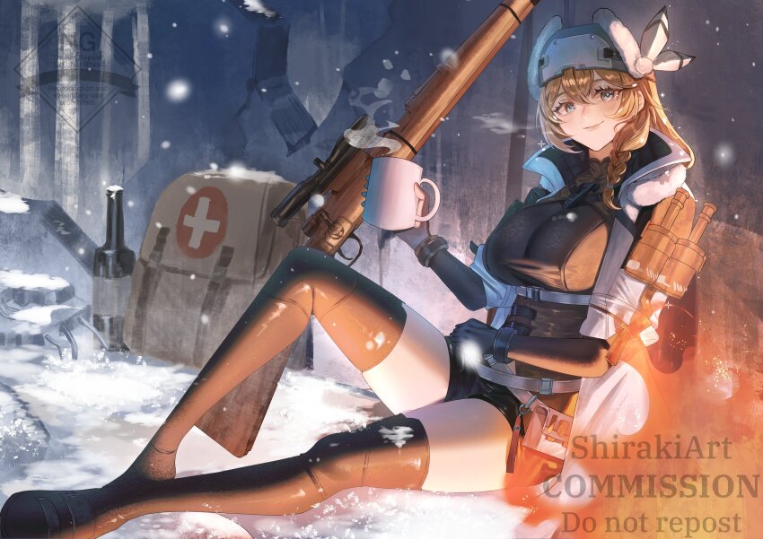 1girl, absurdres, blonde_hair, blue_eyes, bolt_action, braid, cup, fireplace