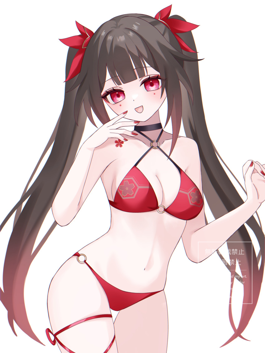 1girl, :d, alternate_costume, bikini, black_choker, blunt_bangs, blush, breasts