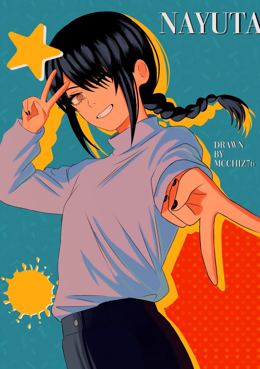 1girl, artist_name, black_hair, black_nails, black_pants, chainsaw_man, character_name, grey_sweater