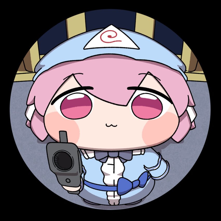 1girl, :3, aiming, aiming_at_viewer, blue_dress, blue_hat, chibi, dress