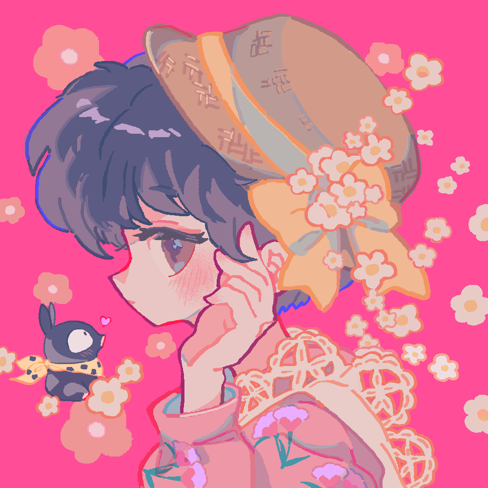 bandana, blue_hair, blush, bow, brown_eyes, flower, hat, p-chan_(ranma_1/2)